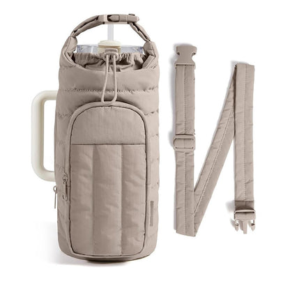 Quilted Bottle Sleeve with Zip Pocket and Strap, Fits 18 to 64 Ounce Cups