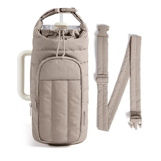 Quilted Bottle Sleeve with Zip Pocket and Strap, Fits 18 to 64 Ounce Cups