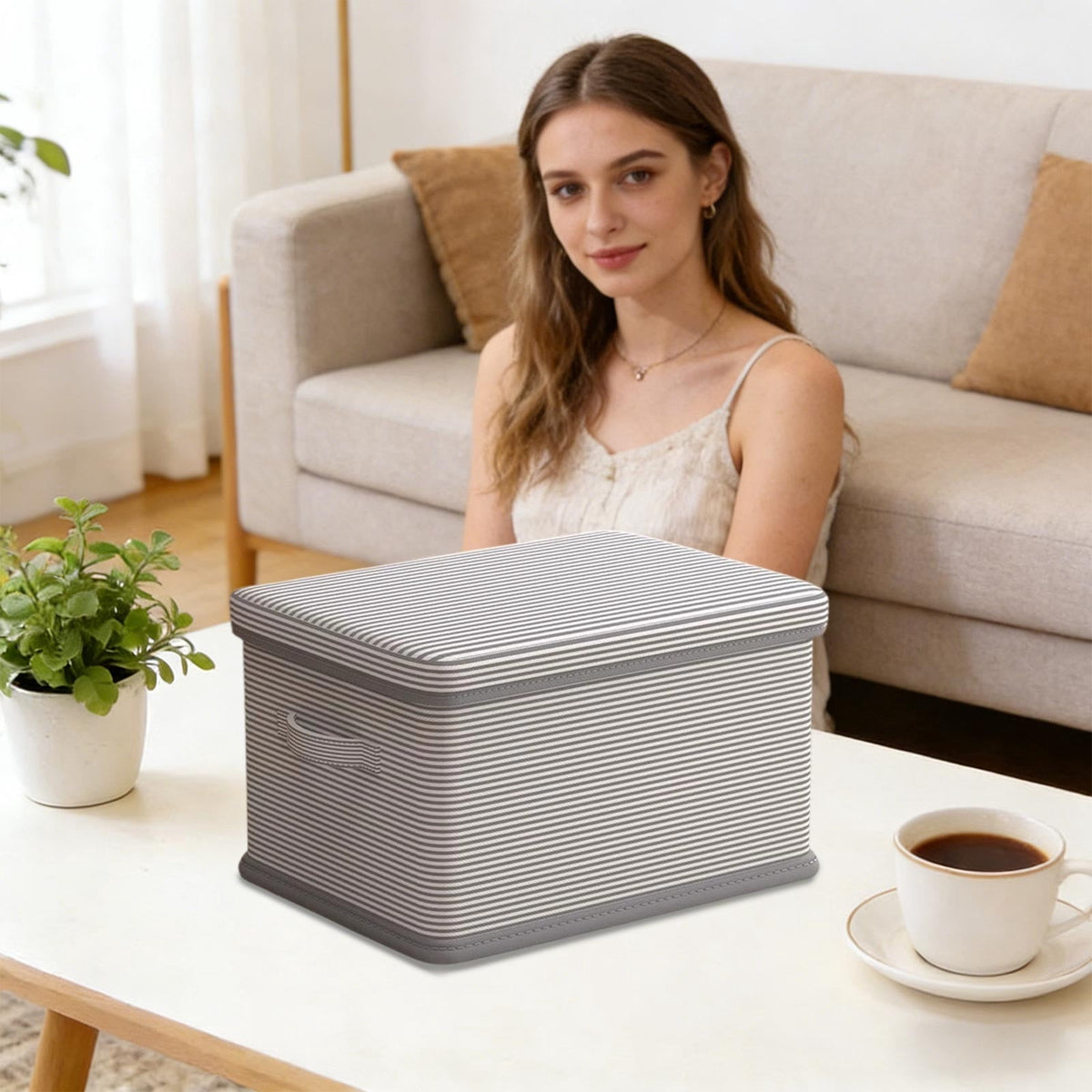 Collapsible Fabric Storage Box with Lid in Grey, 14.17 Inch Closet Bin - Image 6