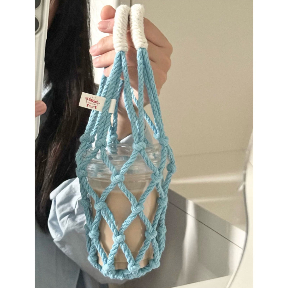 Macrame Bottle Carrier in Cotton Rope, Handmade Net Sling for Hikes - Image 2