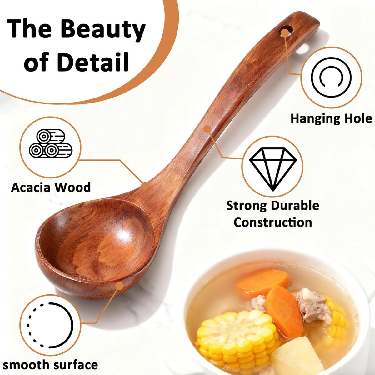 Wooden Soup Ladle with Straight Handle, 11 Inch Serving Spoon in Warm Brown - Image 2