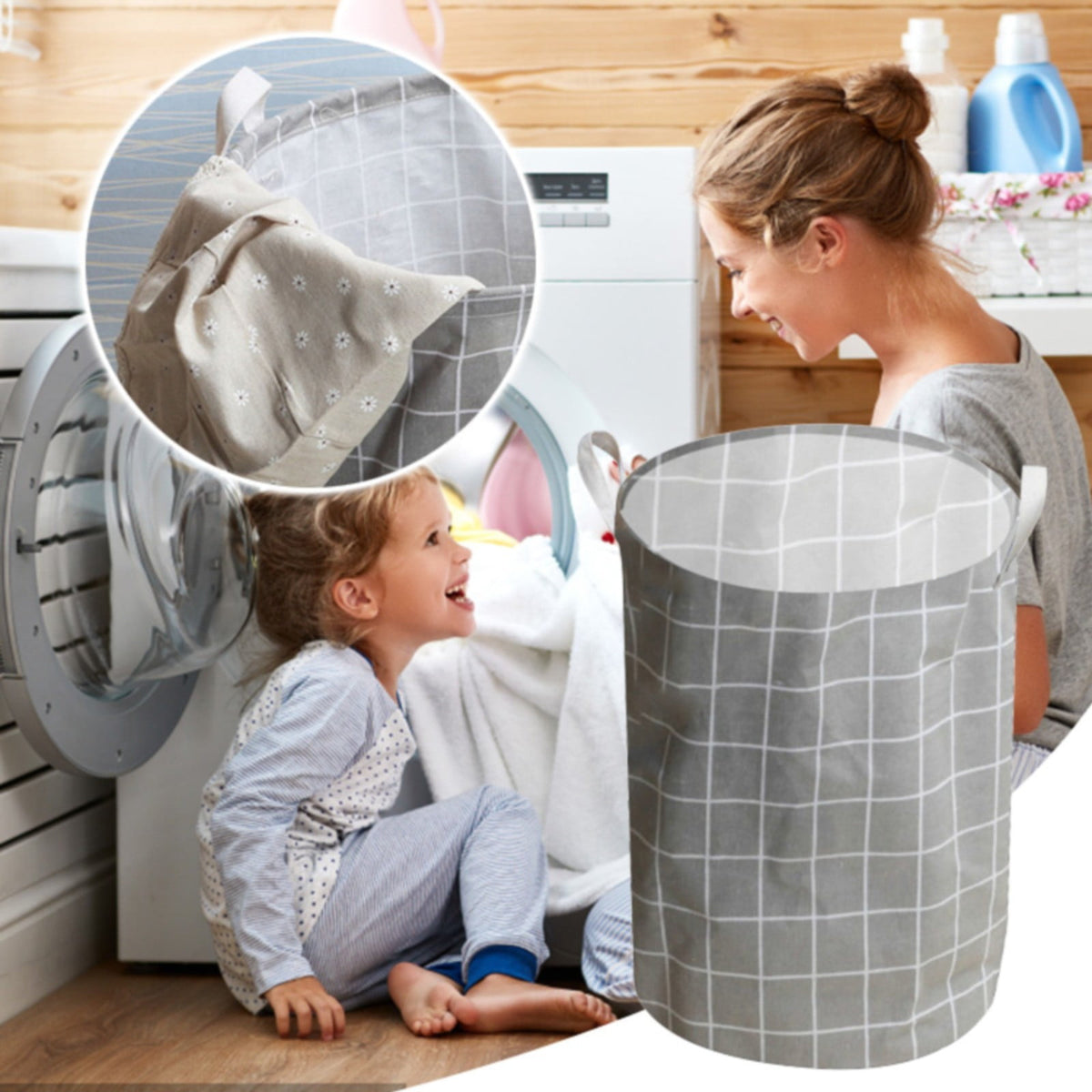 Collapsible Round Laundry Hamper in Canvas, 17.7 by 13.7 Inch with Handles - Image 2