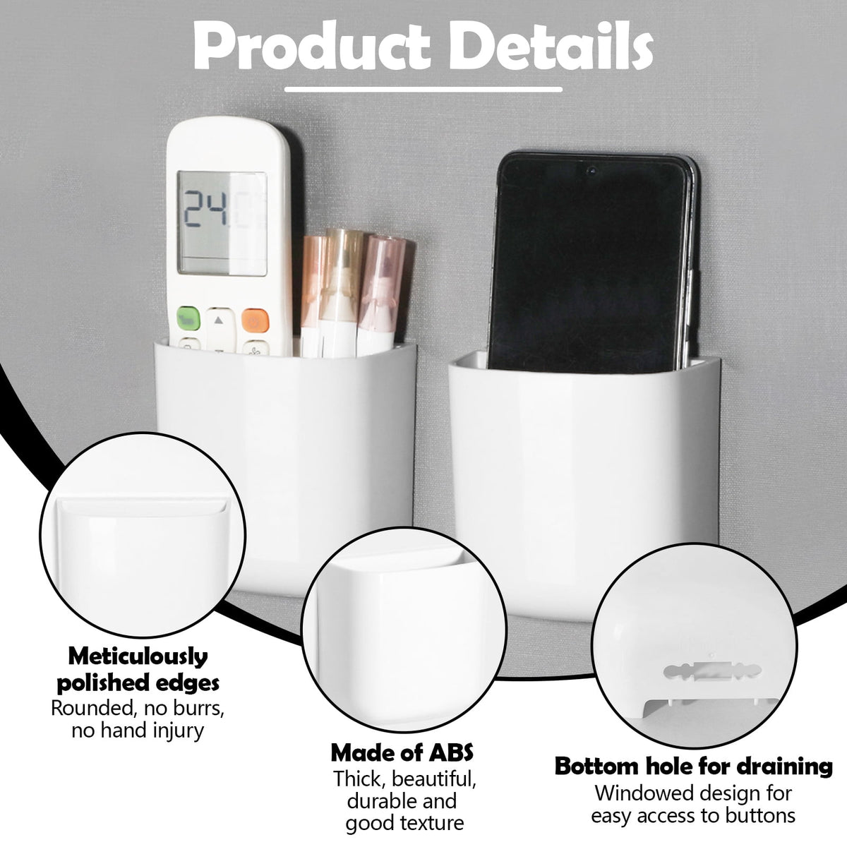 Adhesive Wall Caddies for Remotes and Pens, Set of Three White Holders - Image 3