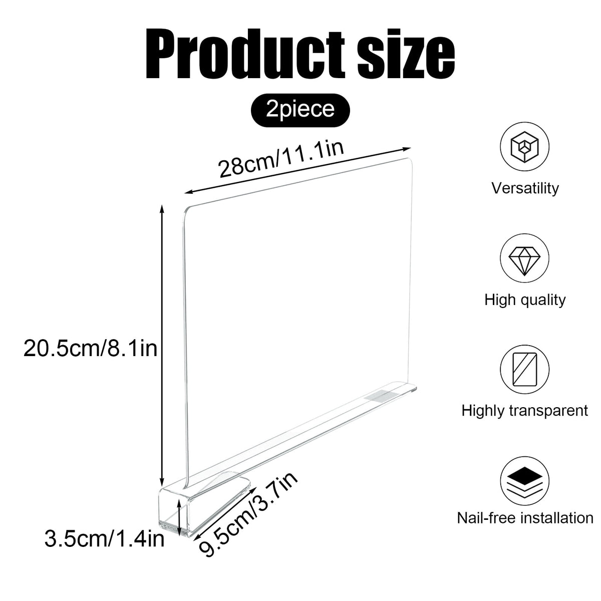 Clear Acrylic Shelf Dividers, Two L-Shaped Closet Separators, 11.81 Inch - Image 2