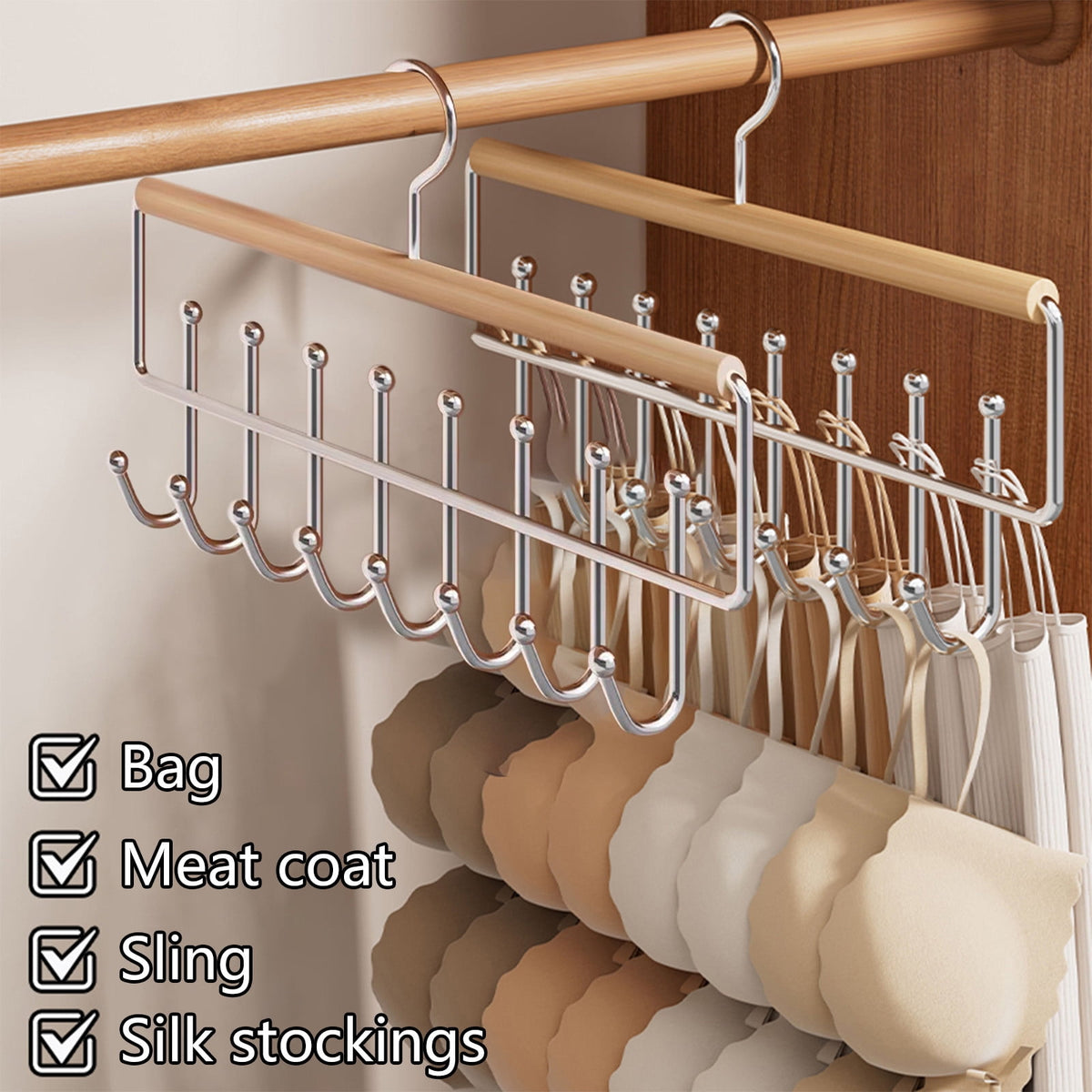 Wooden Swivel Accessory Hangers, Two Racks with Eight Hooks Each, Khaki - Image 2