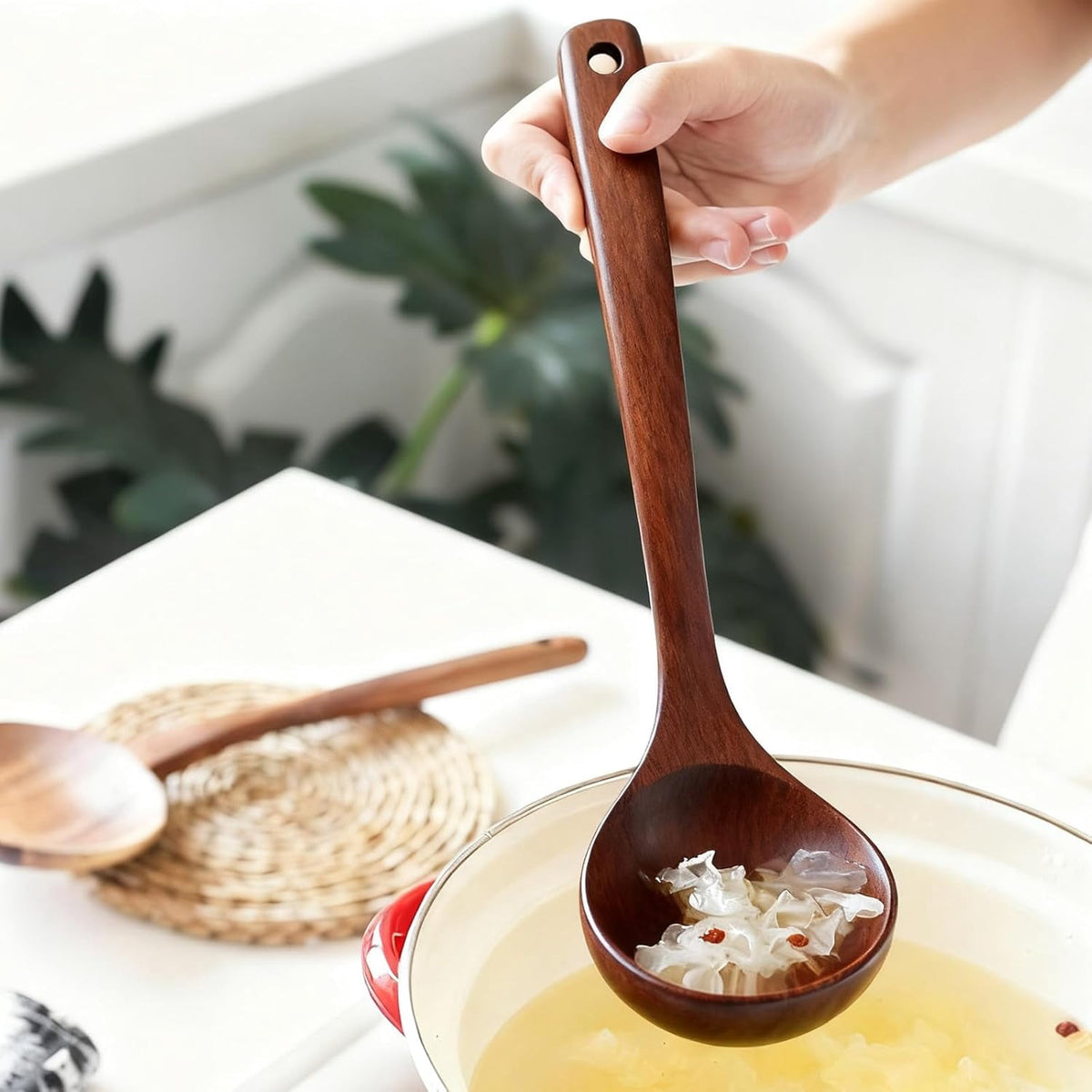 Wooden Soup Ladle with Straight Handle, 11 Inch Serving Spoon in Warm Brown - Image 4
