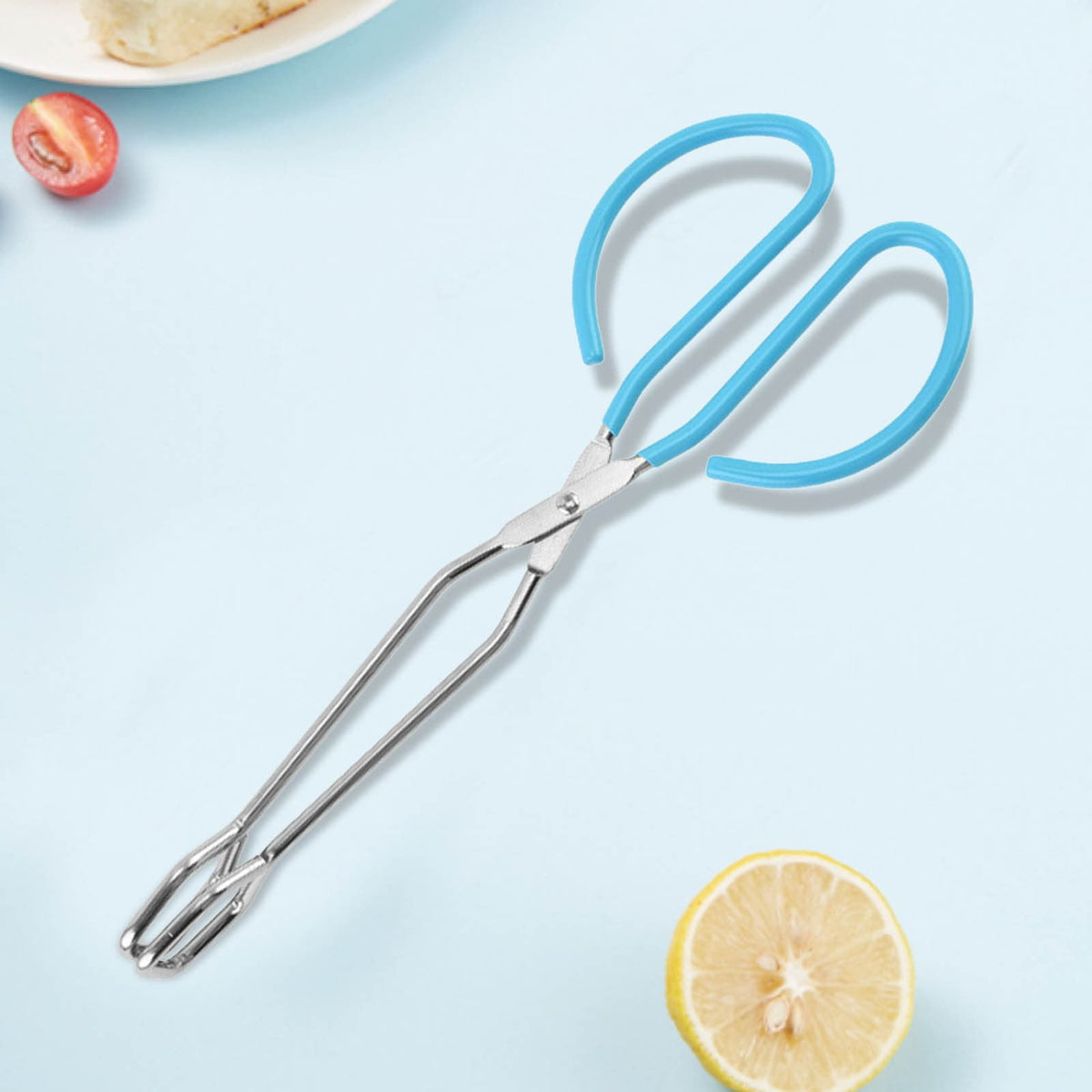 Scissor-Style Cooking Tongs in Stainless Steel with Blue Silicone Grips - Image 2