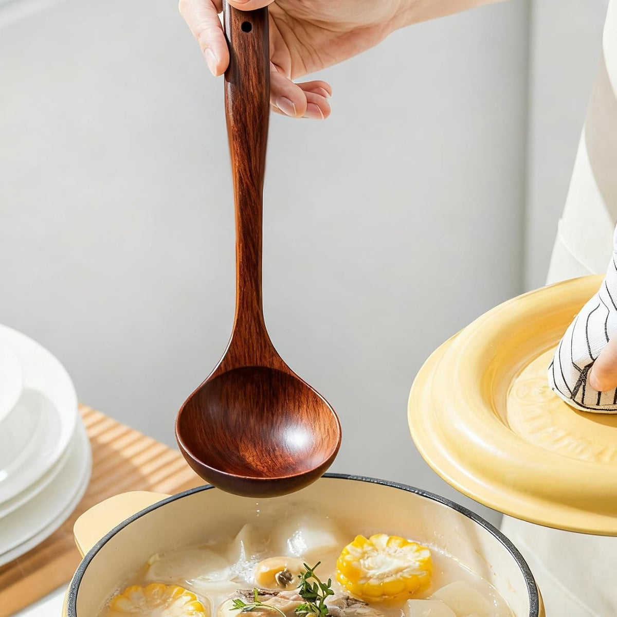 Wooden Soup Ladle with Straight Handle, 11 Inch Serving Spoon in Warm Brown - Image 6