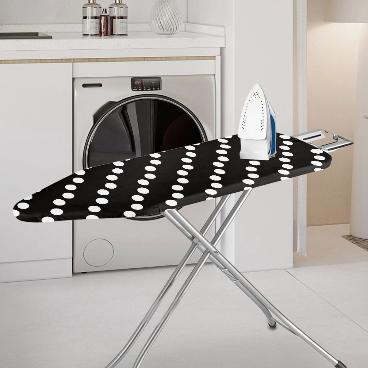 Heat-Reflective Ironing Board Cover in Black Polka Dot with Padded Backing - Image 2