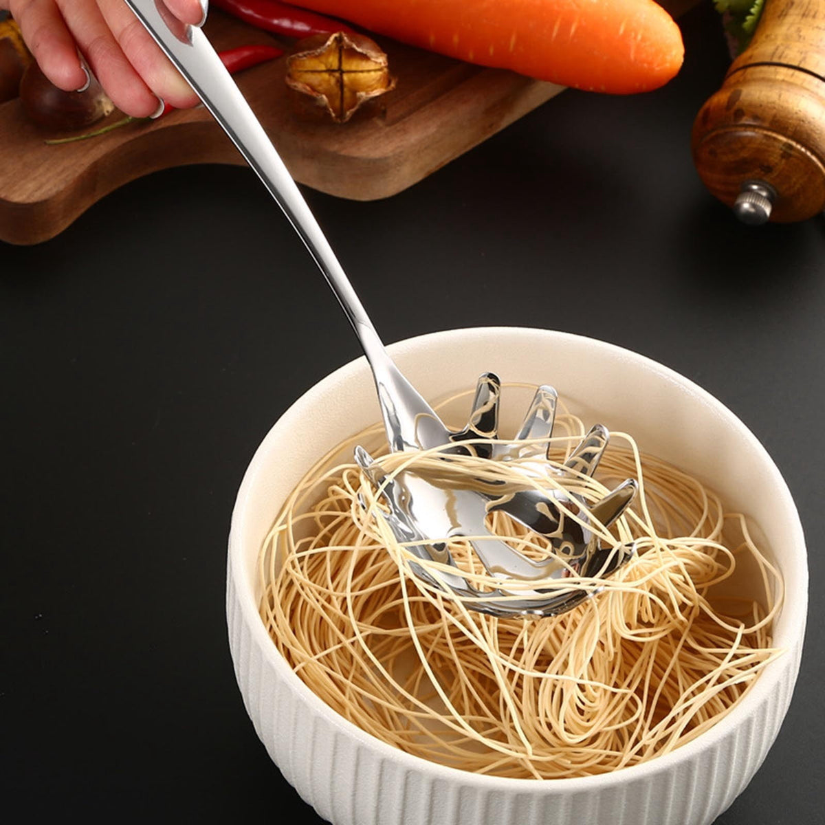 Slotted Pasta Serving Spoon in Mirror-Polished Stainless Steel, 9.4 Inch - Image 3