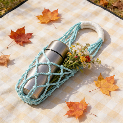 Macrame Bottle Carrier in Cotton Rope, Handmade Net Sling for Hikes - Image 5