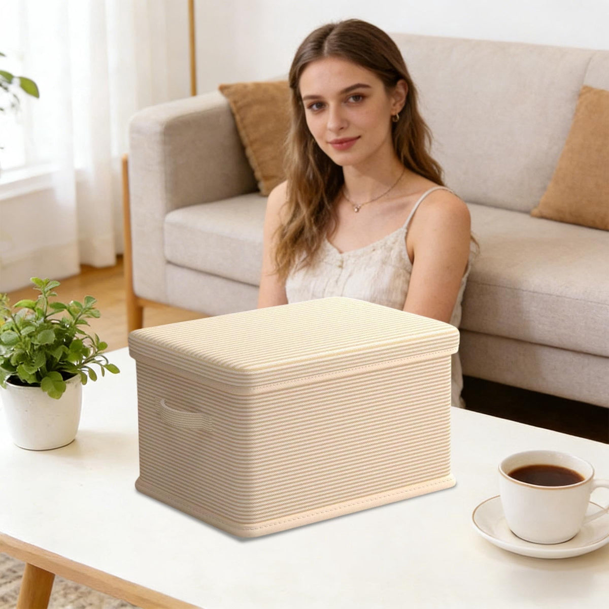 Beige Folding Storage Bin with Lid, 14.17 Inch Box for Shelves and Closets - Image 6